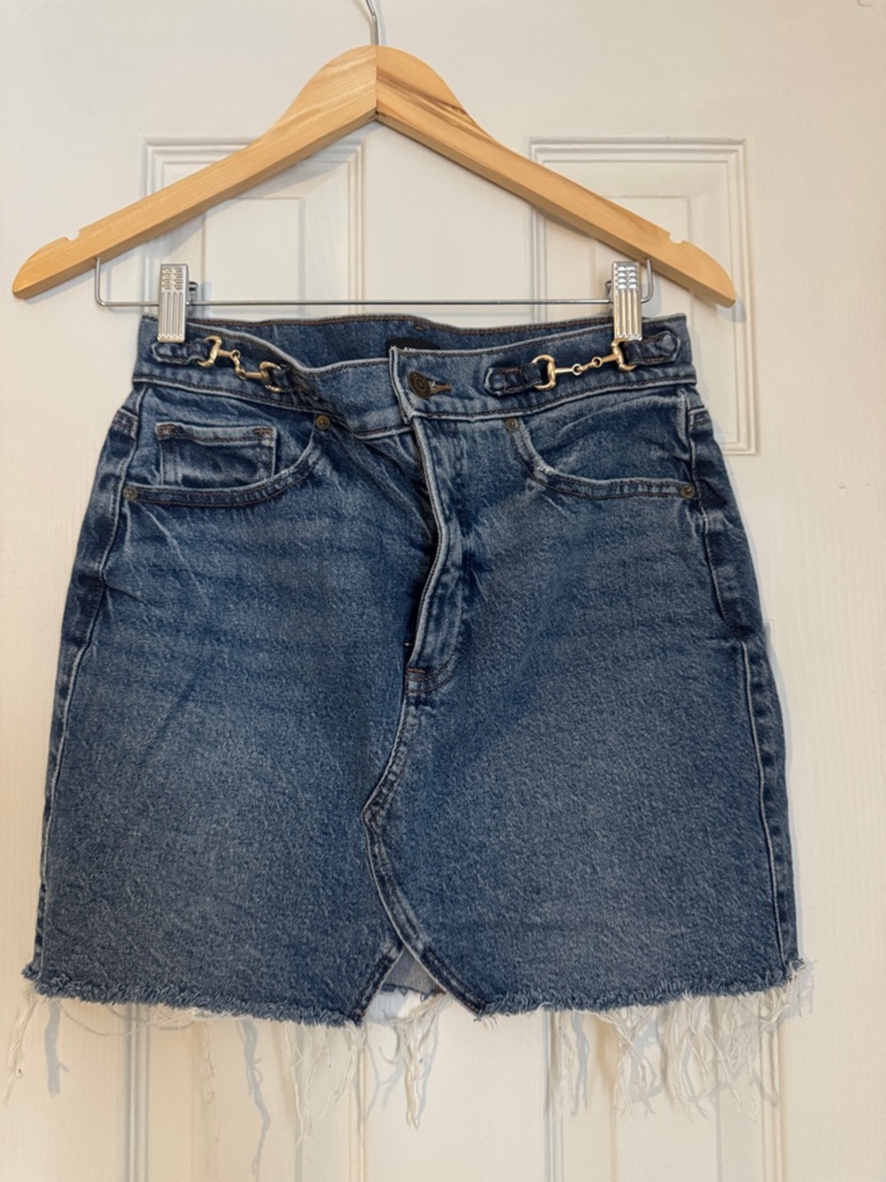 Express Dark Blue Denim Mini Skirt with Chain Detail